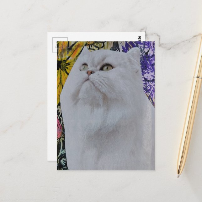 Carte Postale Chat blanc dans des fleurs Collage en techniques m (Devant/Arrière en situation)