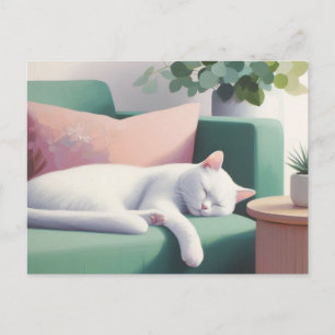 Carte Postale Chat blanc dormant sur un canapé vert / Amoureux d