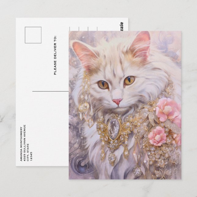 Carte Postale Chat Blanc Élégant en Or et Diamants (Devant / Derrière)