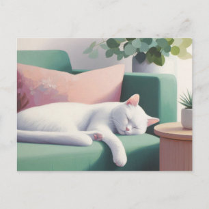 Carte Postale Chat Blanc Endormi sur un Canapé Vert / Amoureux d