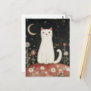 Carte Postale Chat blanc et la lune