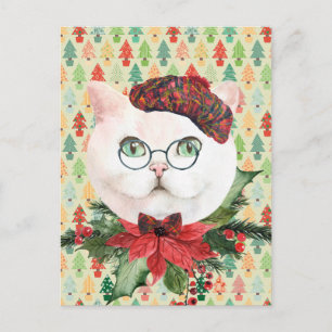 Carte Postale Chat blanc fantaisie et vacances Poinsettia