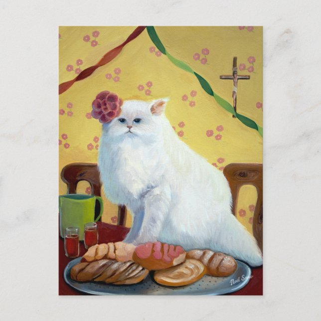 Carte Postale Chat blanc inspiré par la tradition mexicaine (Devant)