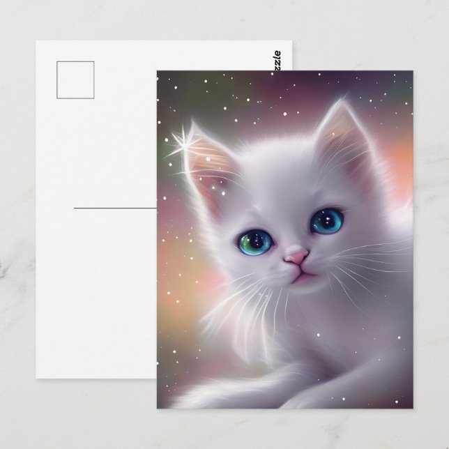 Carte Postale Chat blanc mignon et duveteux de fantasy  (Devant / Derrière)