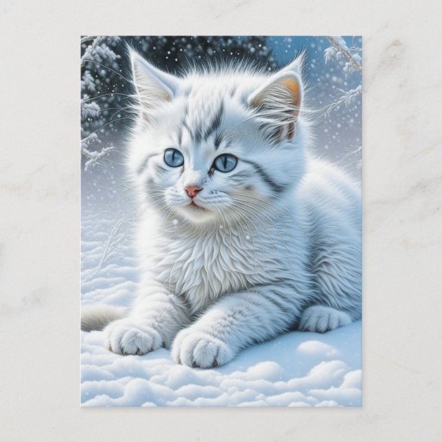 Carte Postale Chat blanc mignon jouant dans la neige (Devant)