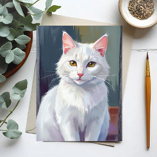 Carte Postale Chat Blanc   Peinture d'Animal de Compagnie Chat A