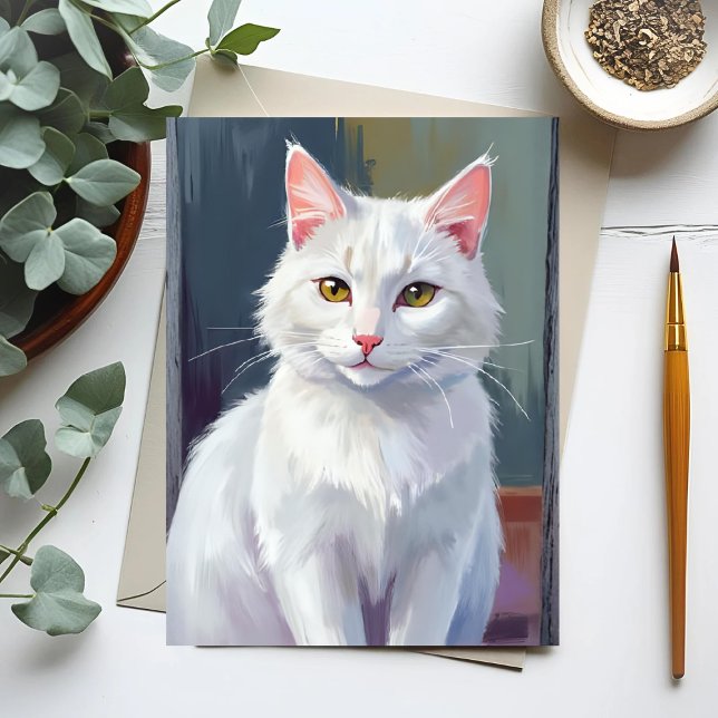 Carte Postale Chat Blanc | Peinture d'Animal de Compagnie Chat à (Créateur téléchargé)