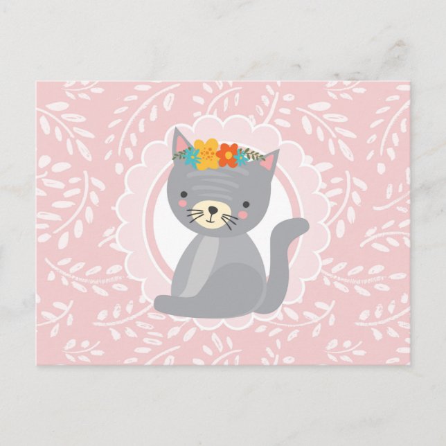 Carte Postale Chat blanc rose chaton gris mignon (Devant)