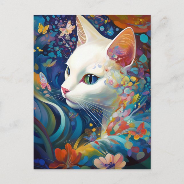 Carte Postale Chat blanc Surreal Beautfiul Imaginaire Art (Devant)