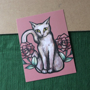 Carte Postale Chat blanc Vintage Rose Roses Kitties blanc Art