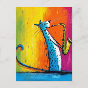 Carte Postale Chat bleu jouant du saxophone