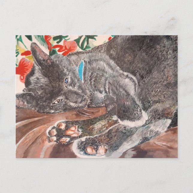 Carte Postale chat bleu russe à poil court gris anglais (Devant)