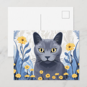 Carte Postale Chat Bleu Russe Fleurs Jaunes
