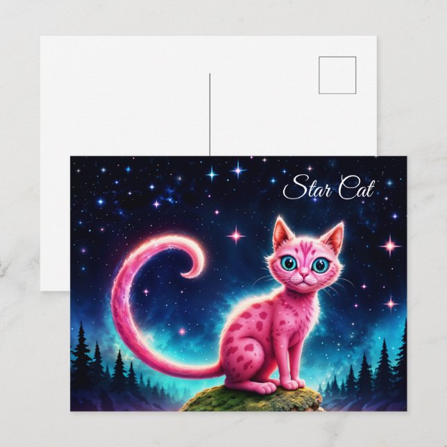 Carte Postale Chat brillant Whimsical, yeux bleu long queue art (Devant / Derrière)