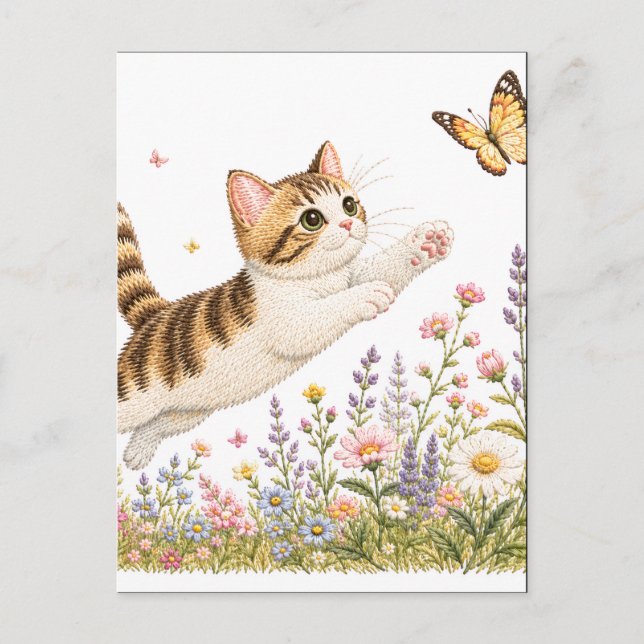 Carte Postale Chat brodé poursuivant un papillon dans une prairi (Devant)