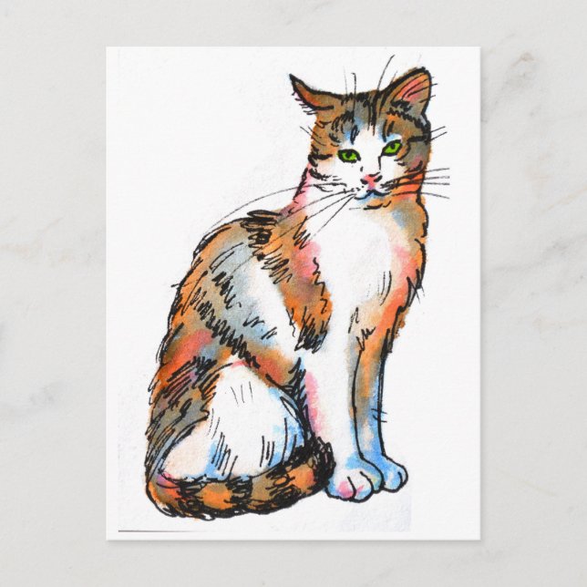 Carte Postale Chat calico #2 Peinture aquarelle de chaton félin (Devant)