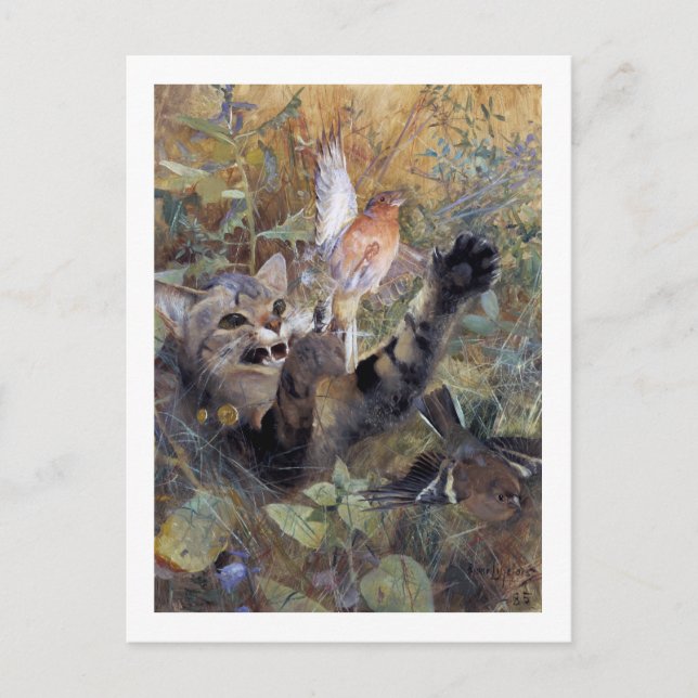 Carte Postale Chat Catching a Bird, Bruno Liljefors (Devant)