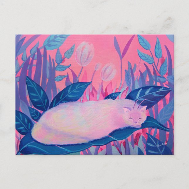 Carte Postale Chat Caterpillar Rose violet Imaginaire bleu (Devant)