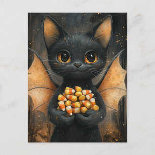 Carte Postale Chat chauve-souris d'Halloween avec bonbons