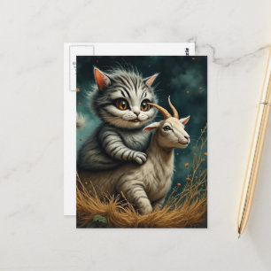 Carte Postale Chat chevauchant une chèvre dans le champ Fantaisi