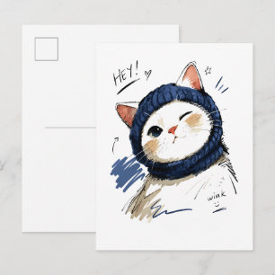Carte Postale Chat clignant avec une écharpe tricotée confortabl