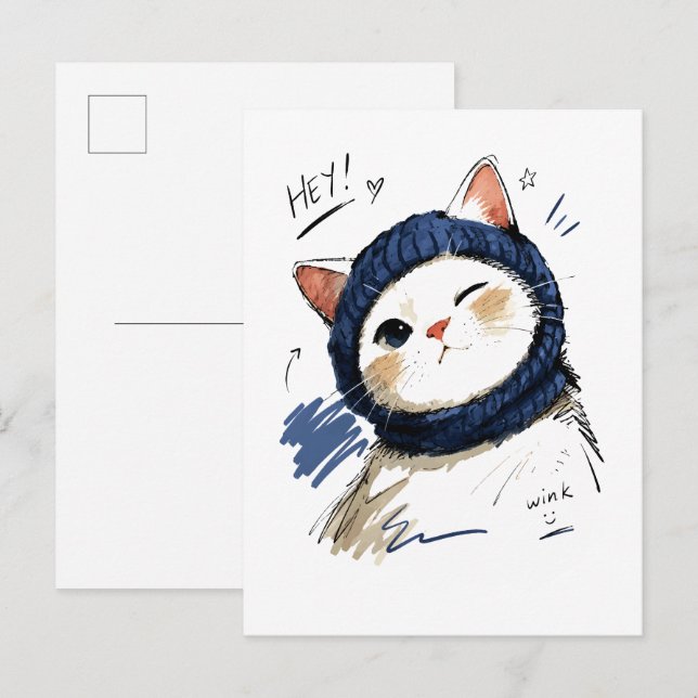 Carte Postale Chat clignant avec une écharpe tricotée confortabl (Devant / Derrière)