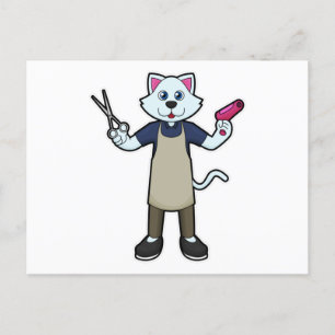 Carte Postale Chat coiffeur avec ciseaux et sèche-cheveux