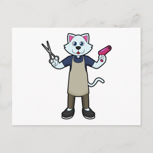 Carte Postale Chat coiffeur avec ciseaux et sèche-cheveux (Devant)