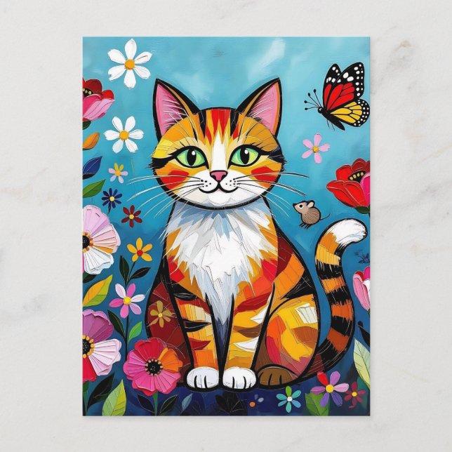 Carte Postale Chat Coloré, Fleurs et Papillon  (Devant)