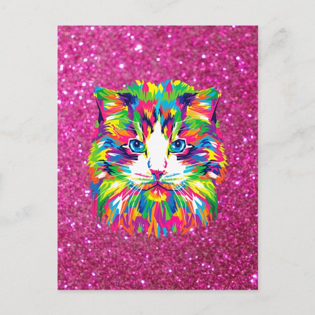 Carte Postale Chat coloré sur fond scintillant (Devant)