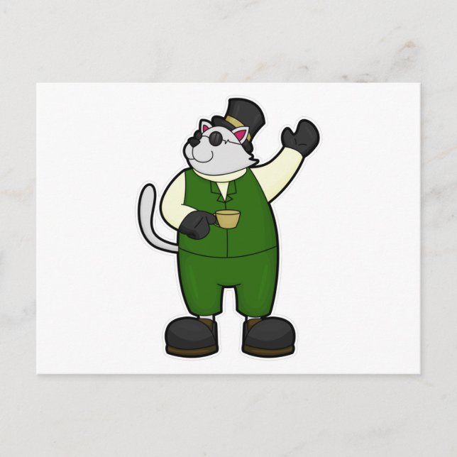 Carte Postale Chat comme marié avec café et chapeau (Devant)