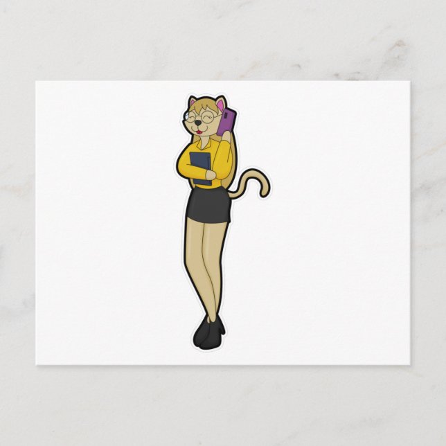 Carte Postale Chat comme secrétaire avec ordinateur portable et  (Devant)