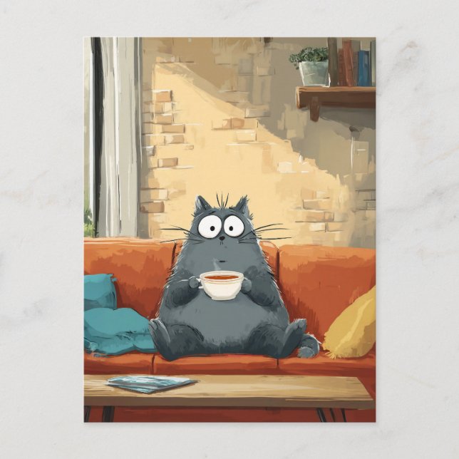 Carte Postale Chat confortable avec café (Devant)