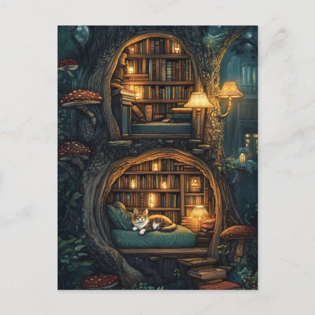 Carte Postale Chat confortable dans une bibliothèque Magique Tre (Devant)