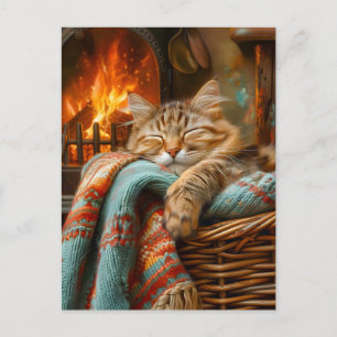Carte Postale Chat Confortable Endormi dans un Panier près d'une
