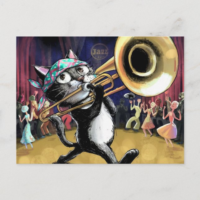 Carte Postale Chat cool jouant du jazz sur saxophone (Devant)