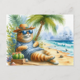 Carte Postale Chat Cool sur la Plage Amoureux des Chats