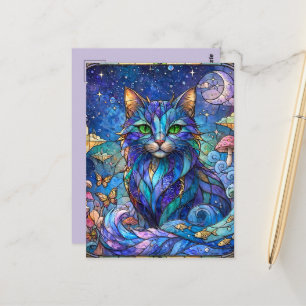 Carte Postale Chat Cosmique Vitrail Surréaliste Yeux Bleus Verts