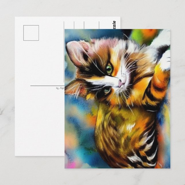 Carte Postale Chat couché, aquarelle - (Devant / Derrière)