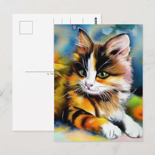 Carte Postale Chat couché, aquarelle - (Devant / Derrière)
