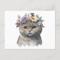 Chat couleur gris mignonne avec fleurs et papillon
