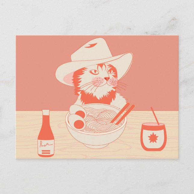 Carte Postale Chat cowboy mangeant des Ramen (Devant)