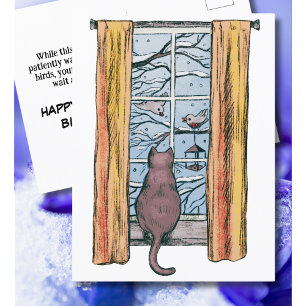 Carte Postale Chat Curieux Humeur Froid d'Hiver Joyeux Anniversa