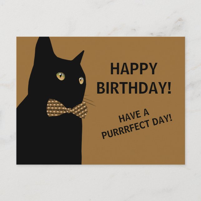 Carte Postale Chat d'Anniversaire Noir Joyeux avec une Cravate B (Devant)