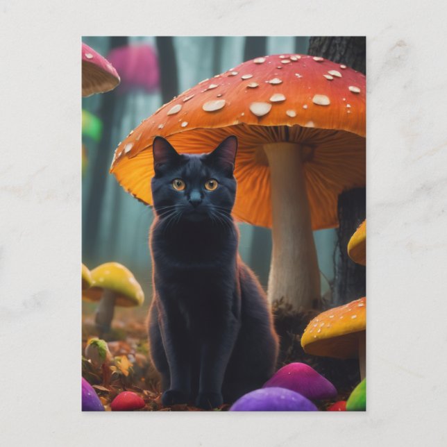 Carte Postale chat dans des champignons colorés (Devant)