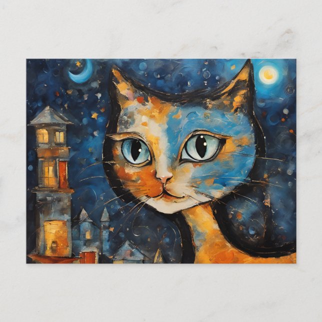 Carte Postale Chat dans la ville à la nuit (Devant)