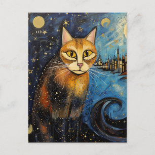 Carte Postale Chat dans la ville de nuit étoilée