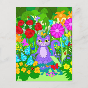 Carte Postale Chat dans le jardin Fantasy Fleurs Papillons Cocci
