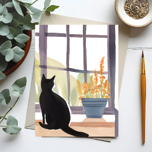 Carte Postale Chat dans le rebord Windows   Aquarelle Silhouette