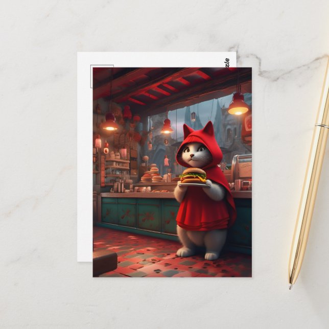 Carte Postale Chat dans un manteau rouge avec un cheeseburger (Devant/Arrière en situation)